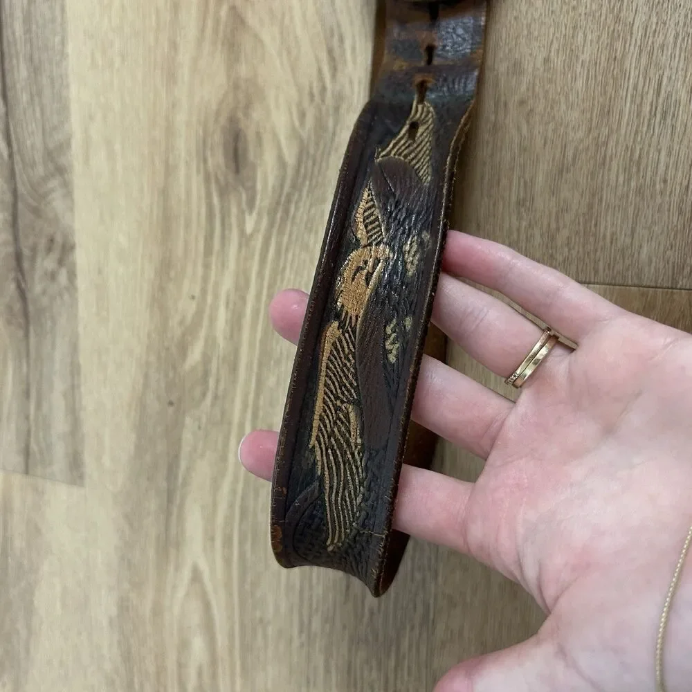 vintage EAGLE buckle belt TOOLED leather 38 brown WESTERN cowboy WRANGLER harley